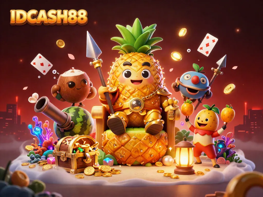 Experience the excitement of IDCASH88 with a vibrant casino-themed tropical scene showcasing unique characters and rich details.