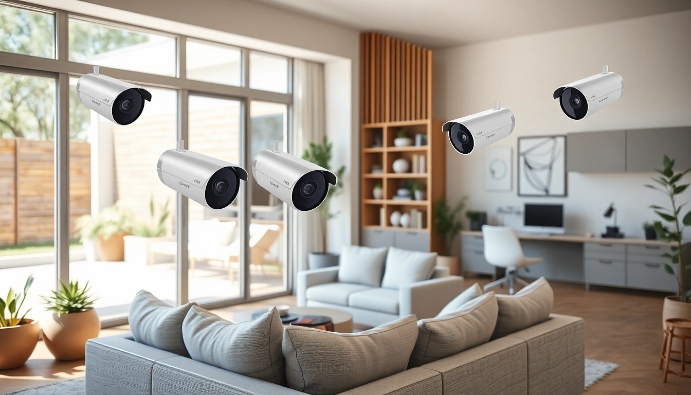 Cámaras Ezviz instaladas en un interior moderno de una casa, mostrando tecnología de seguridad y decoración elegante.