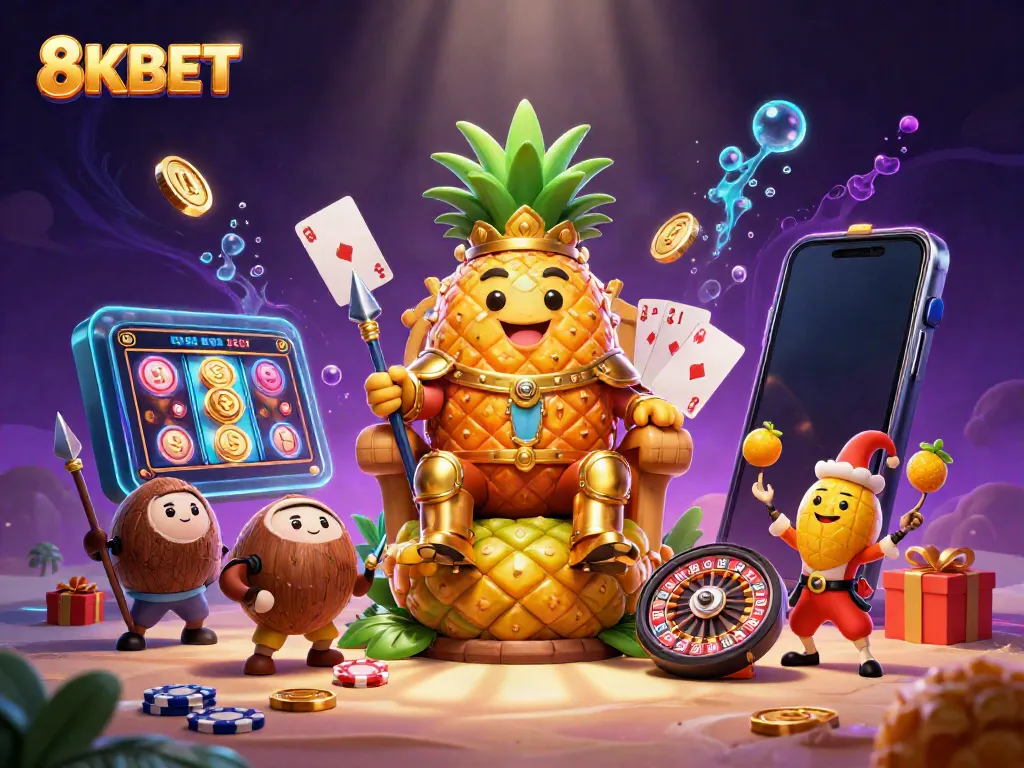 Experience the vibrant excitement of 8KBET's online casino with a colorful 3D illustration showcasing attractive characters and gaming elements.