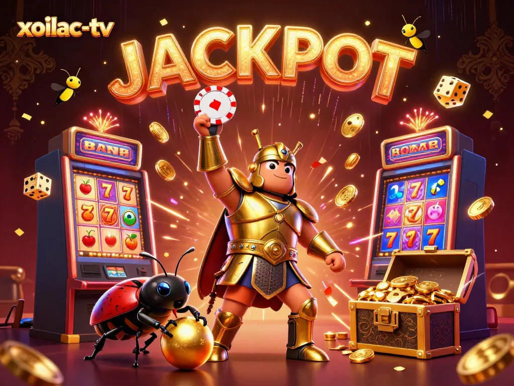 Xoilac-tv features a heroic beetle celebrating a poker win amid vibrant casino scenes.