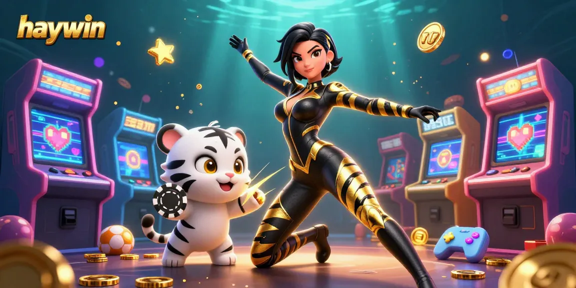 Experience thrilling gameplay with haywin, featuring an acrobatic woman and baby tiger amidst vibrant casino elements.