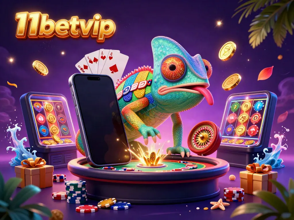 Experience the colorful casino world of 11betvip with a playful chameleon and dynamic games.