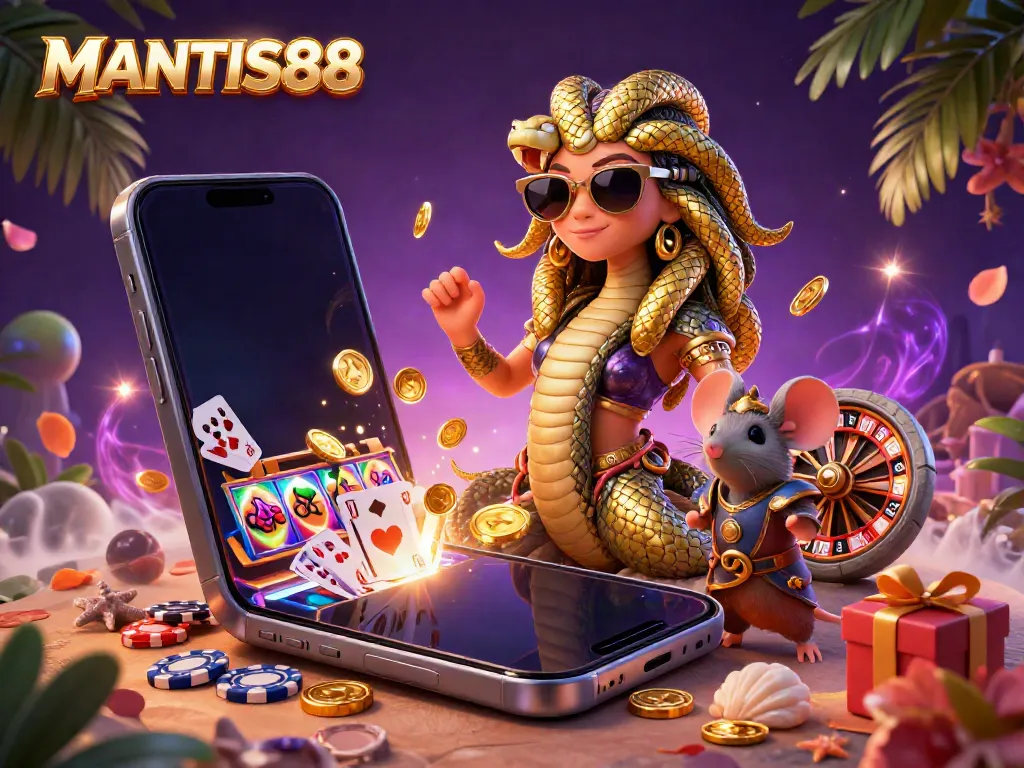 MANTIS88 delivers a vibrant gaming scene with Medusa and a warrior mouse surrounded by dynamic casino elements.