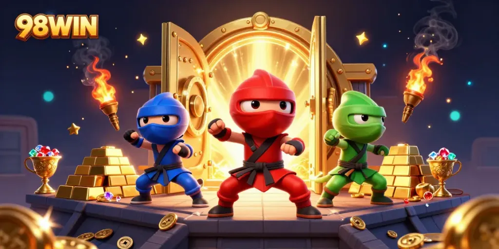 Engage in thrilling gameplay at 98WIN with chameleon ninjas and treasure vaults in an exhilarating casino scene.