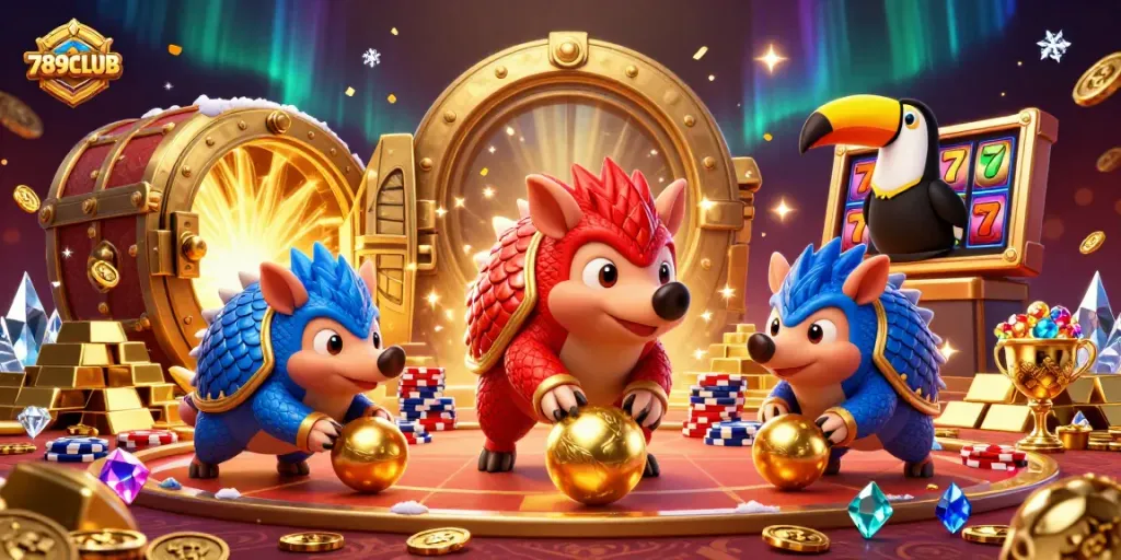 Engage with the 789CLUB casino experience, where animated pangolins compete in a vibrant casino scene.