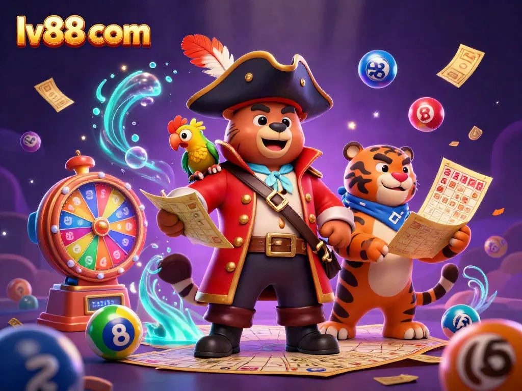 Action-packed illustration of lv88 com showcasing vibrant lottery elements and characters in a colorful casino theme.