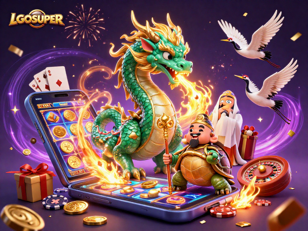 Experience thrilling slots and live gambling action with LGOSUPER featuring a jade dragon and dynamic gaming elements.