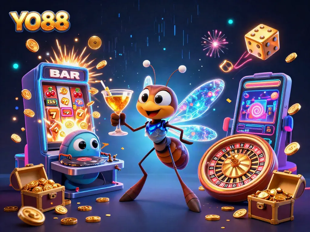 Experience YO88's vibrant casino scene with unique characters and thrilling game elements.