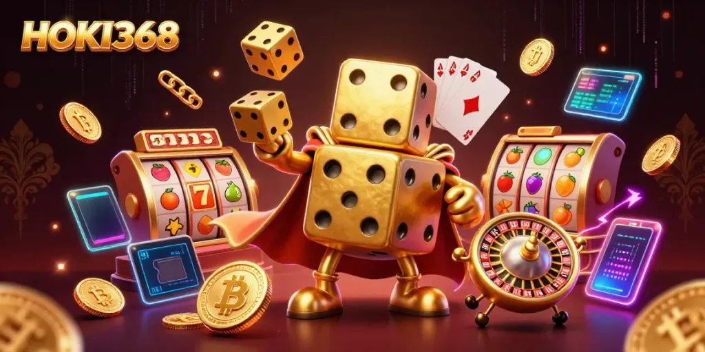 Spin and win at HOKI368 with dynamic golden dice and slot game symbols in action.