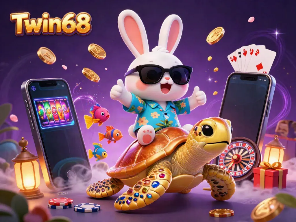 Twin68 offers a vibrant 3D illustration featuring a lucky rabbit and golden sea turtle amidst dynamic gaming elements.