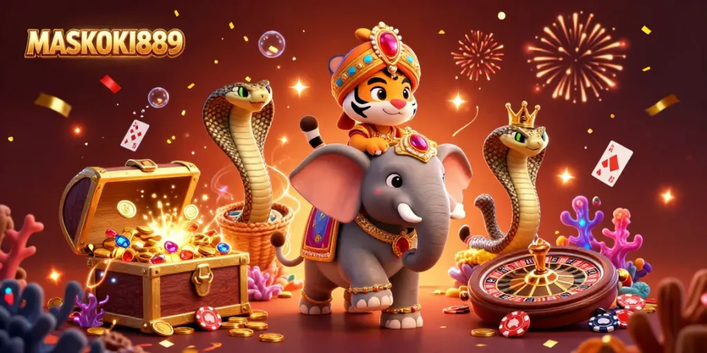 Experience excitement with MASKOKI889's thrilling casino carnival featuring a treasure chest overflowing with gems.