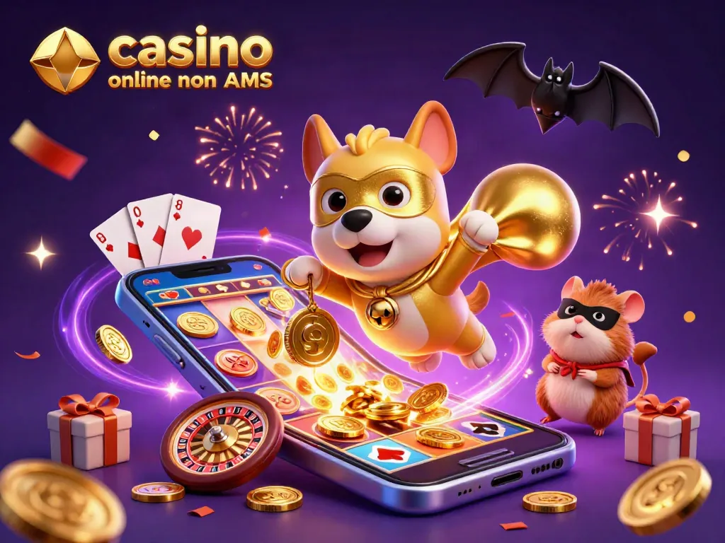 Cattura l'azione nei casino online non AAMS con un cane supereroe in volo, portando monete d'oro e un compagno criceto tra giochi da slot e poker.