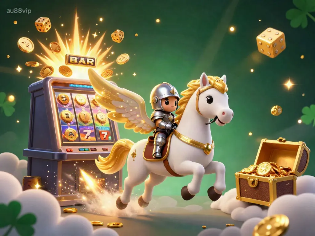 Experience thrilling jackpots with au88vip in this lively 3D casino scene, featuring a celestial horse and vibrant game elements.