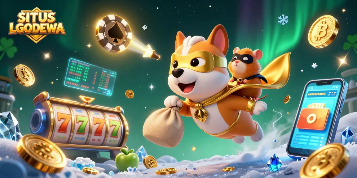 SITUS LGODEWA showcases a vibrant 3D scene with a superhero dog flying amidst slot elements and crypto coins.