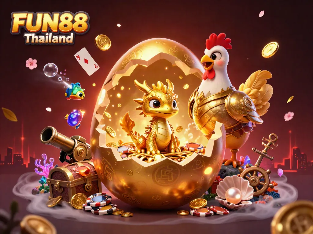 Win big with FUN88 Thailand's colorful golden dragon and poker chips in a rich casino scene.