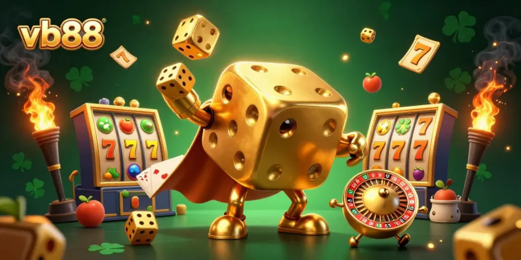 Experience thrilling gaming with vb88's vibrant 3D illustrated casino scene showcasing a dice golem and rich thematic elements.