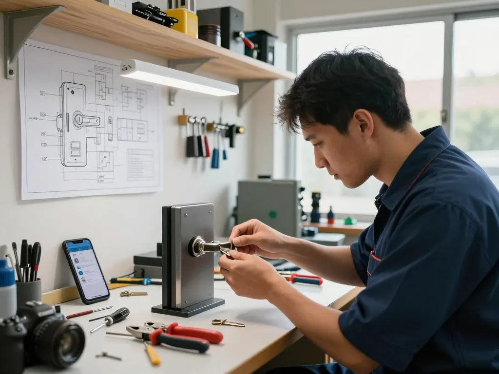PSL Lock and Key technician rekeying a lock in a bright workshop with tools and blueprints.