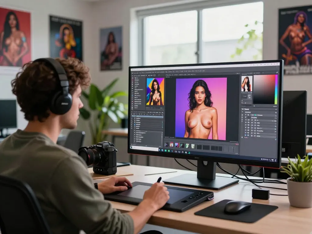 Designer creating AI porn graphics in a modern art studio, vibrant and creative environment.