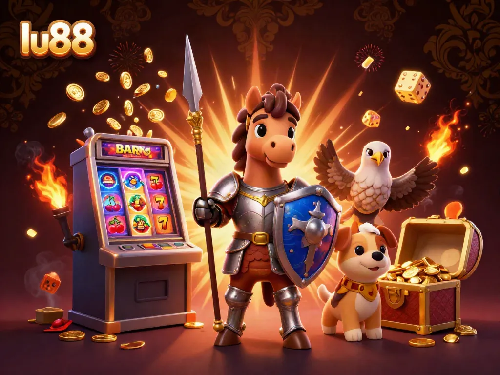 Immerse in the thrilling world of lu88 as a knight, squire, and falcon engage in a dynamic casino scene.