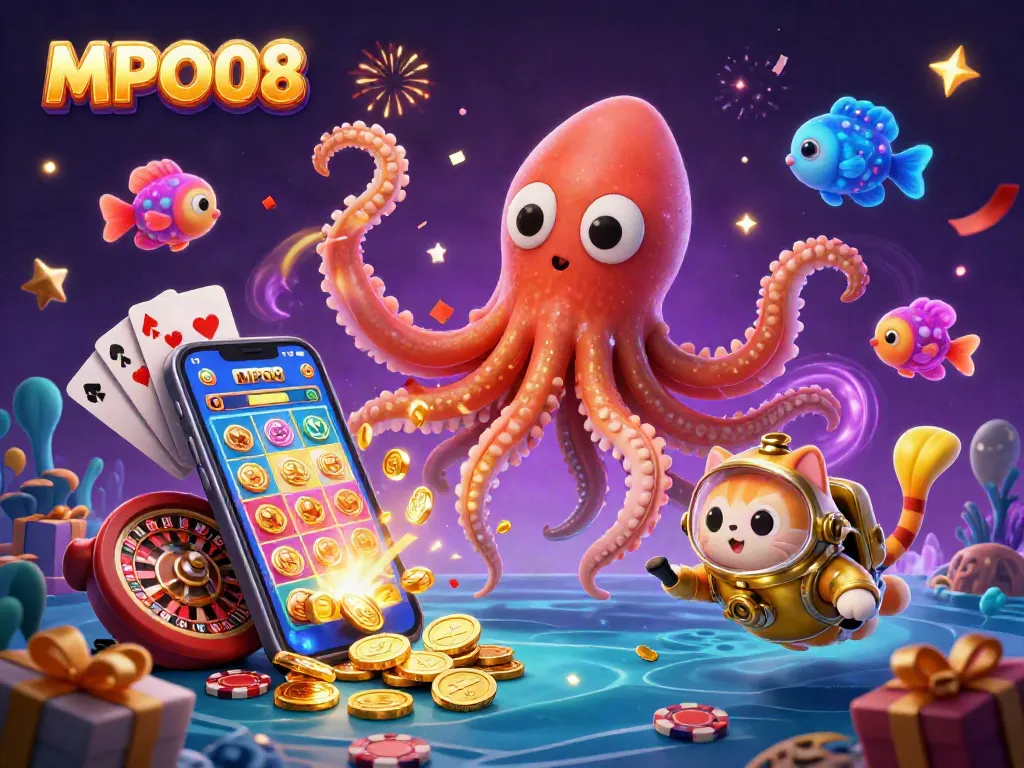 MPO08 players engage with vibrant slot games and golden treasures in a captivating casino scene.