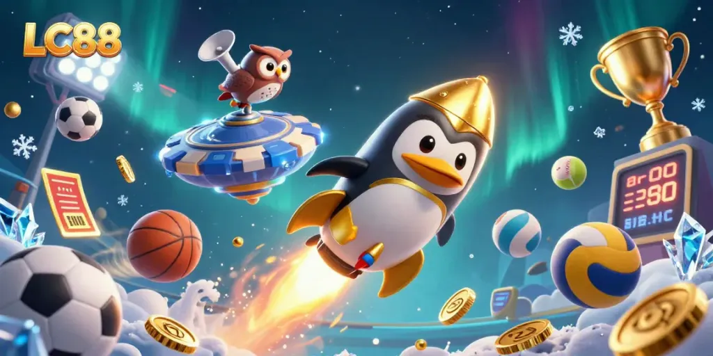 LC88 promotes engaging gameplay with a rocket-powered penguin and vibrant casino elements.