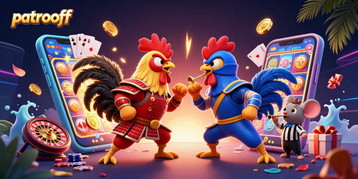 Engage in thrilling action with patroloff's vibrant 3D fighting roosters amidst casino games.
