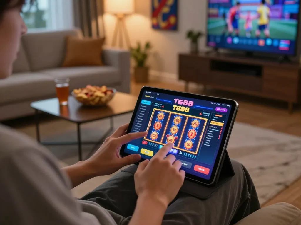 Engaging gameplay on TG88 casino app displays vibrant slot graphics in cozy home setting.