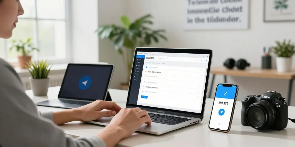 Setting up Telegram in Chinese on a laptop with smartphone and tech gadgets in a bright office.