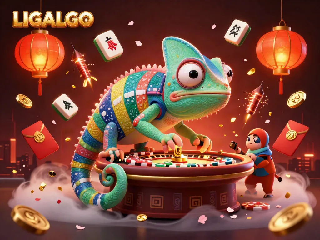 LIGALGO enhances gameplay with a vibrant chameleon casino owner surrounded by iconic gaming elements.