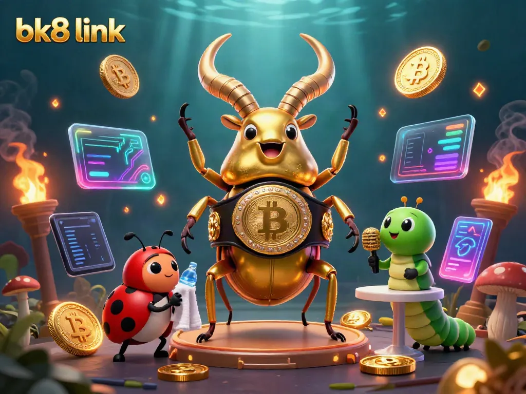 Experience the bk8 link excitement with a vibrant 3D depiction of gaming characters and crypto elements.