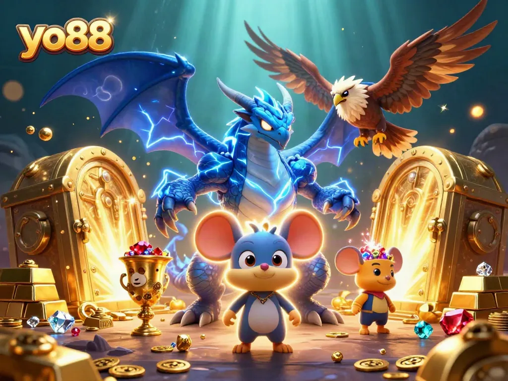 Experience the thrill of yo88 with a vibrant casino scene filled with legendary creatures and treasures.