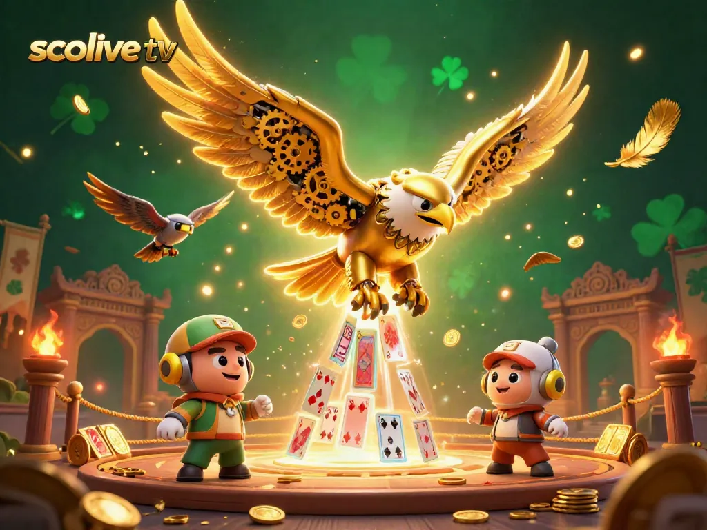 Socolive TV features a cybernetic eagle navigating through gambling-themed elements, enhancing online sports viewing.
