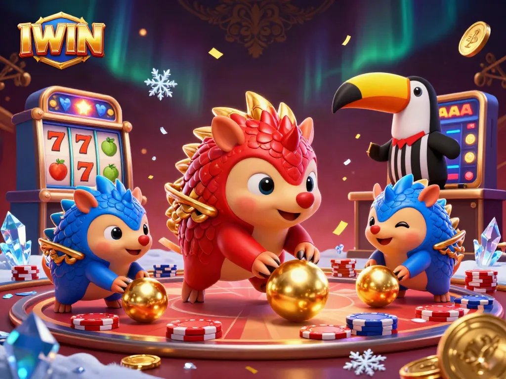 IWIN pangolins bowling poker chips and jackpot counter in a vibrant casino scene.