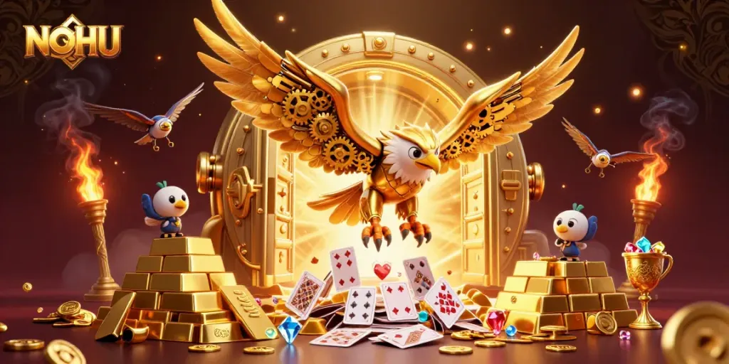 Engage in thrilling gameplay at NOHU with a golden eagle soaring through symbols of riches in this casino illustration.