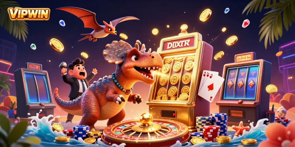 VIPWIN slots come alive as a pachycephalosaurus wins jackpots amidst flying coins