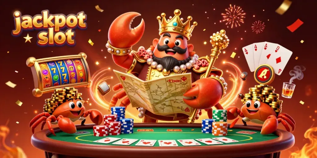 Jackpot slot scene with a golden crab emperor and hermit crab servants amidst casino elements and celebratory effects.