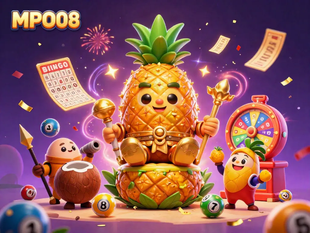 Engaging MPO08 scene with the golden pineapple king and vibrant casino elements showcasing dynamic lottery activities.