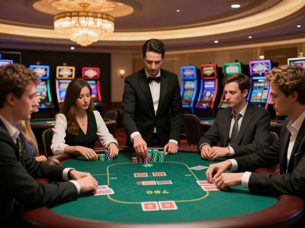 Players engaging in a strategic poker game at Surebetsg casino table showcasing high stakes ambiance