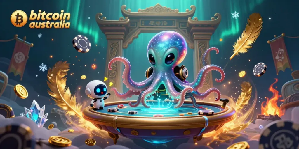 Engage with the exciting realm of bitcoin casino australia through an alien octopus at a holographic poker table.