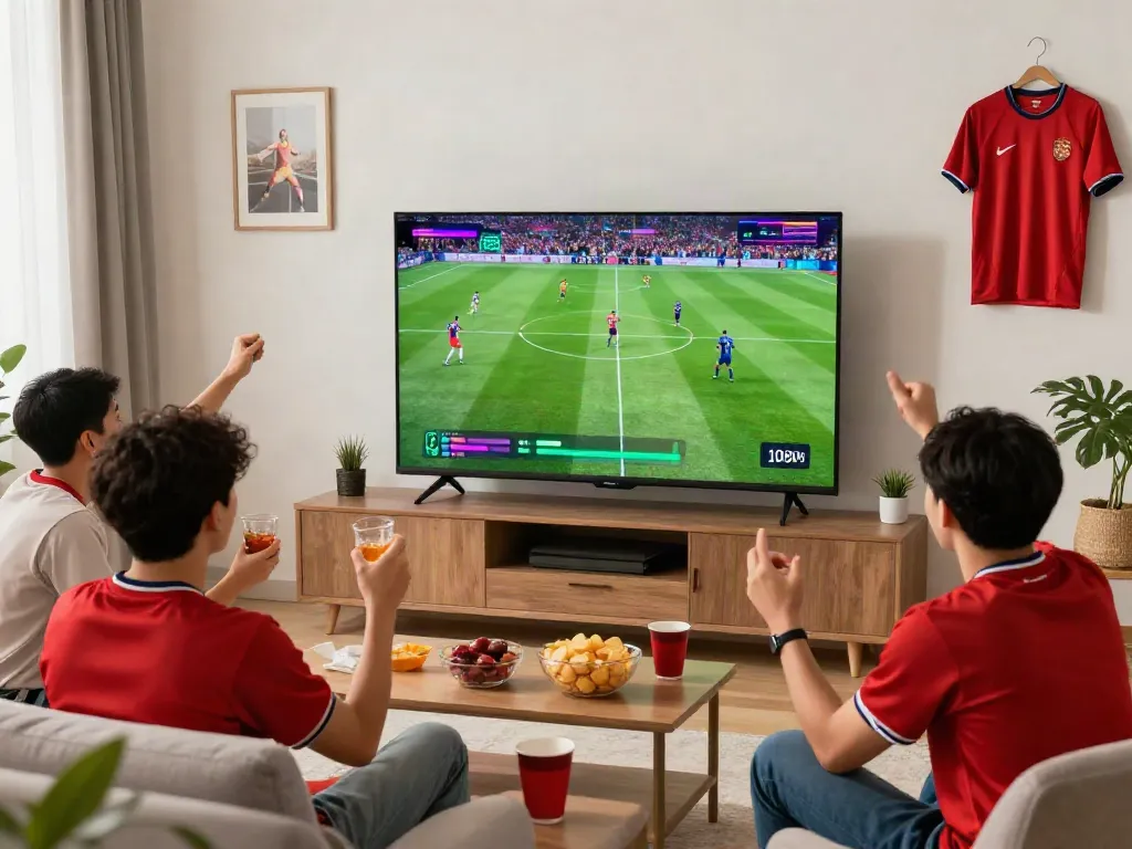 Watch live football on https://thapcamtvlive.live/ with friends enjoying snacks and excitement.