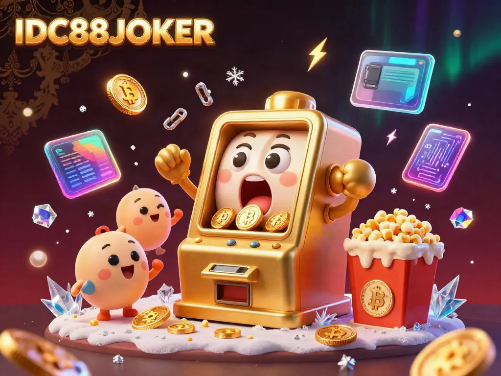 Watch IDC88JOKER's golden slot machine hit a jackpot, coins flying, in this vibrant 3D scene.