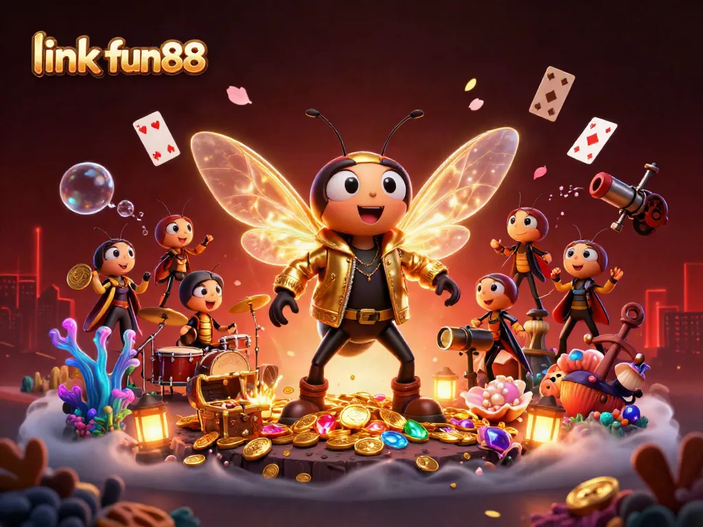 Experience the excitement of link fun88 with vibrant 3D characters in a dynamic casino scene filled with treasure.