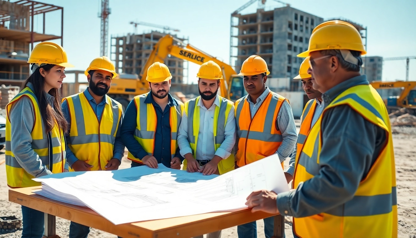 Construction member organization experts collaborating on a job site with blueprints and machinery in view.
