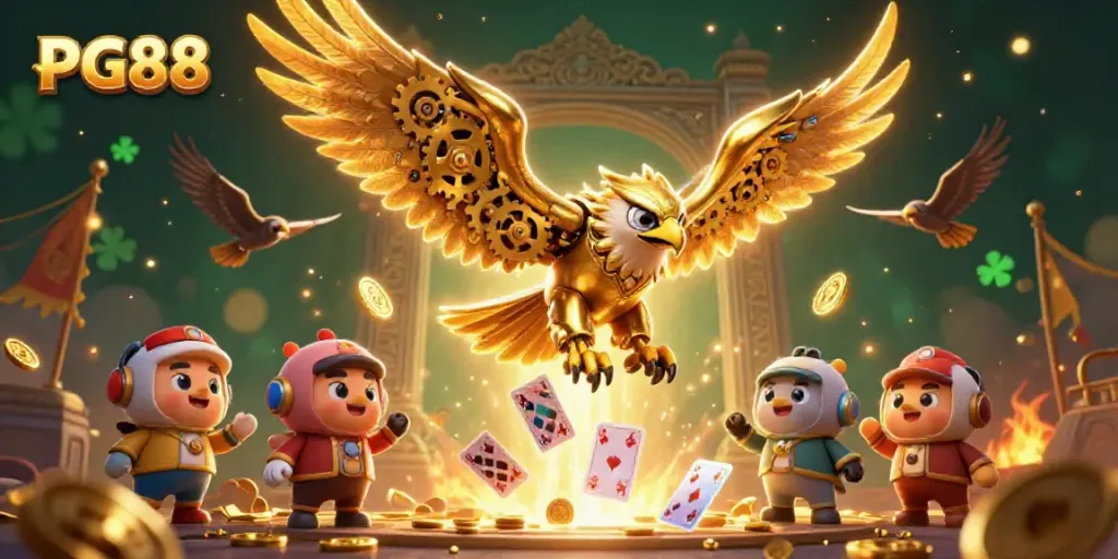 Experience thrilling PG88 gaming moments with a vibrant 3D casino scene featuring golden eagles and holographic cards.