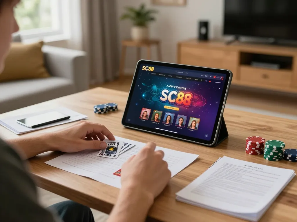 Player analyzing betting strategies while engaging with SC88 online casino, showcasing a comfortable gaming setup
