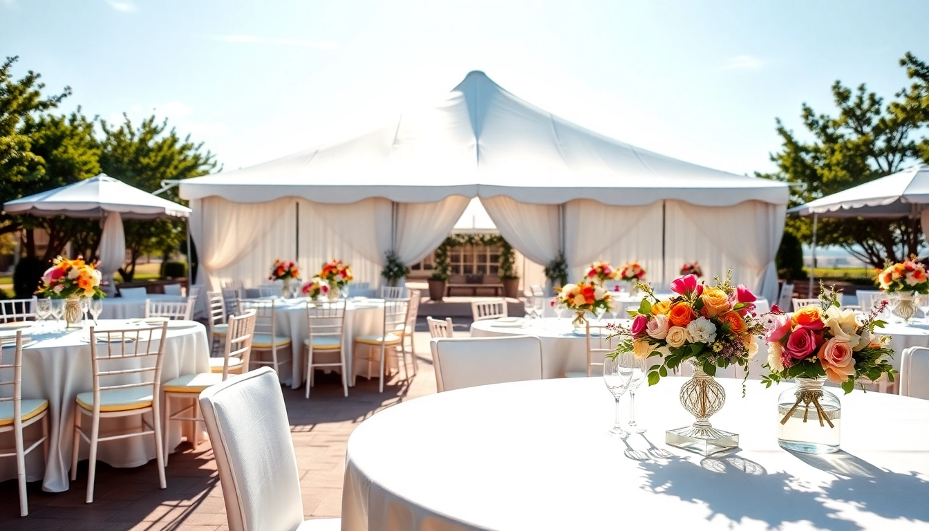Beautiful outdoor wedding tent chair & table rentals arrangement under sunlight.