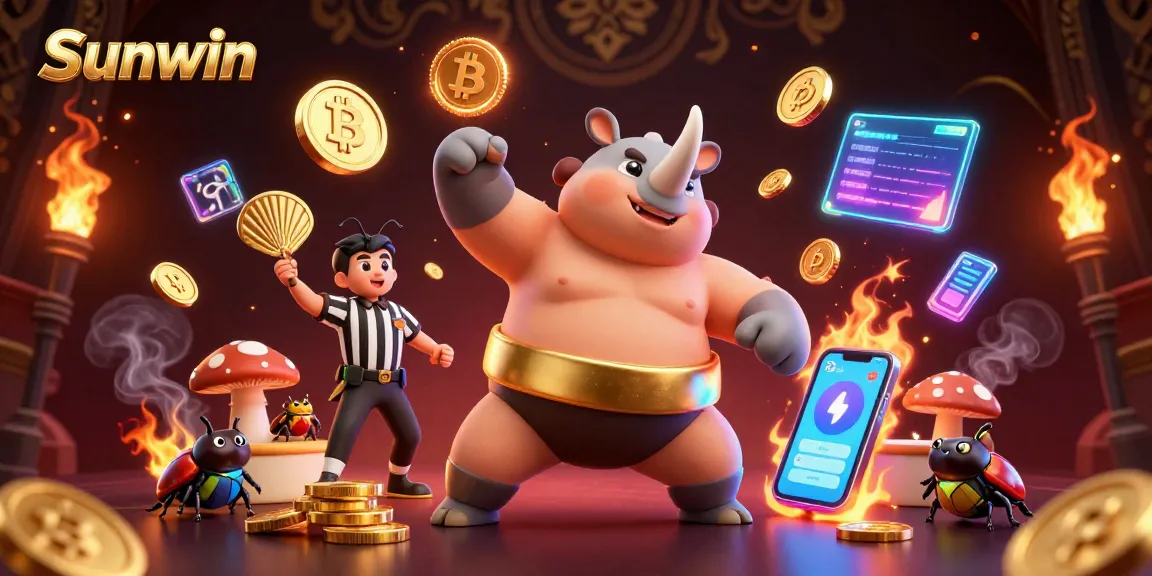 Sunwin showcases a vibrant 3D casino scene with a beetle sumo champion amidst dynamic crypto visuals.