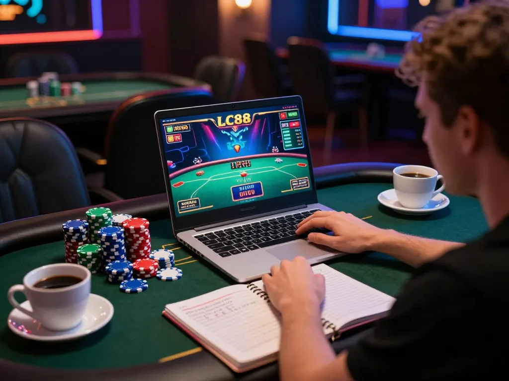 LC88 poker player engaging in online gaming strategy at home.