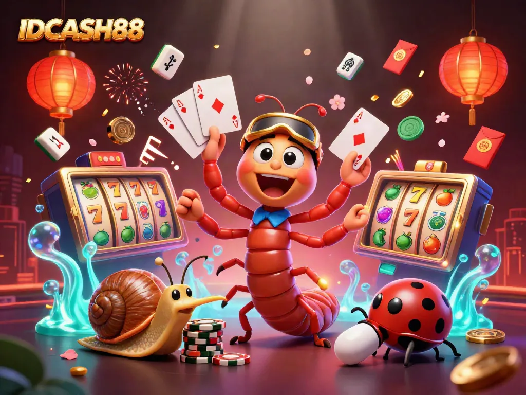 Engage with IDCASH88 slots featuring a cartoon millipede dealer and exciting game elements.