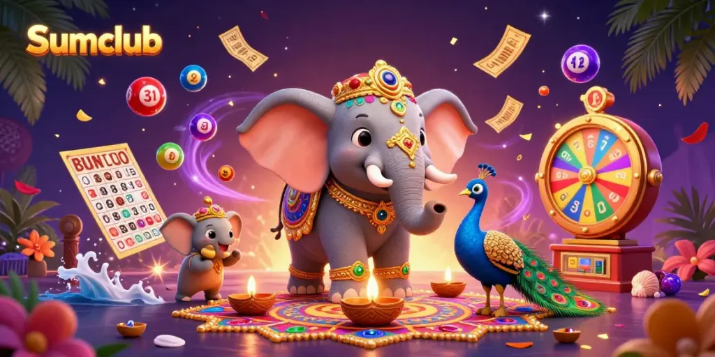 Join the excitement at Sumclub with lively gambling action and festive elements in this vibrant illustration.